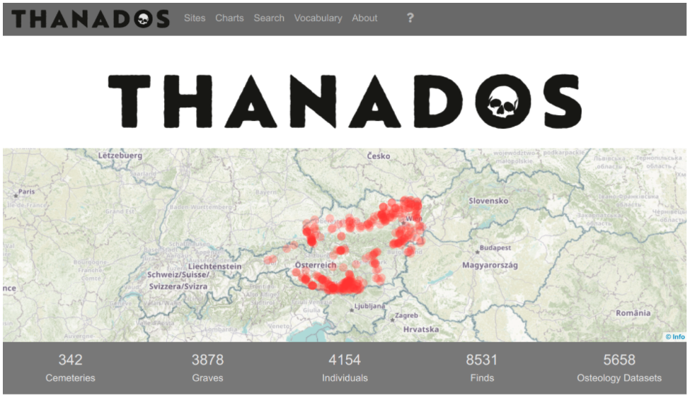 Screenshot der Thanados Homepage: Öeterreichkarte mit vielen roten Punkten